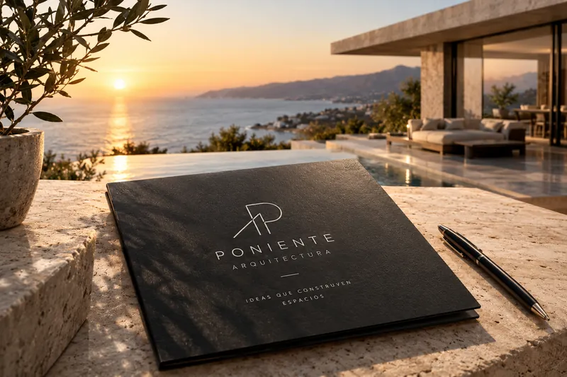 Black notebook with the Poniente Arquitectura logo on a stone table at sunset