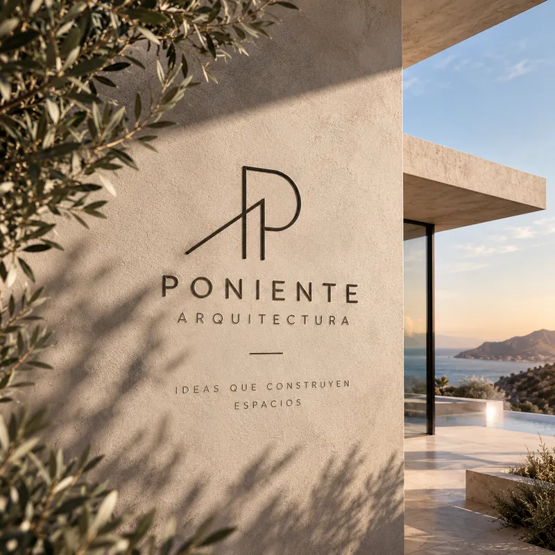 Stone wall engraved with the Poniente Arquitectura logo, facing the sea